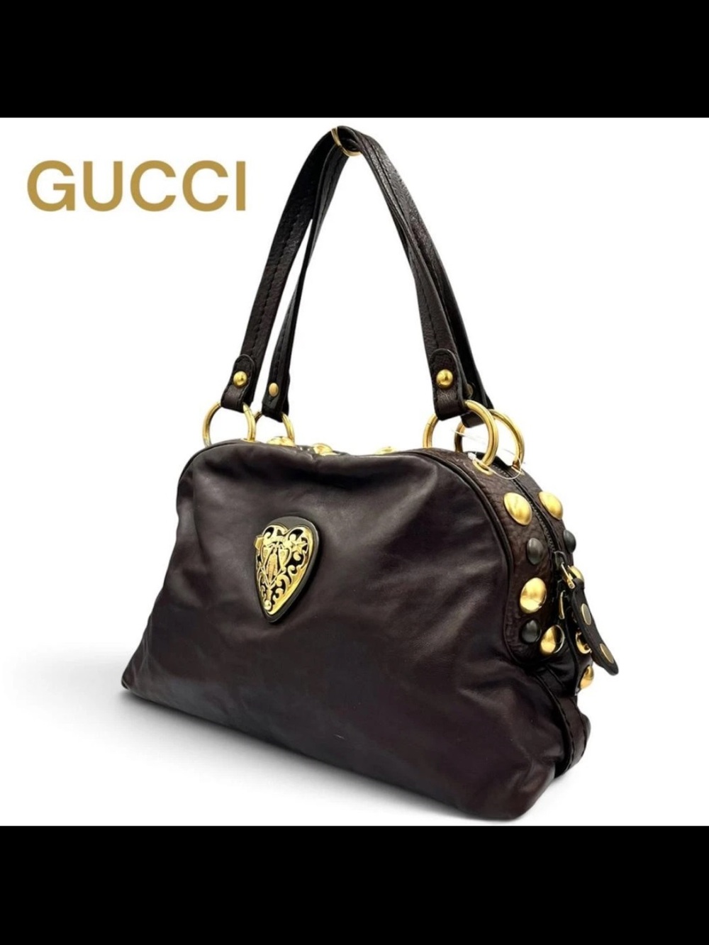 Gucci Dark Brown Leather Shoulder Bag with Gold Heart Emblem